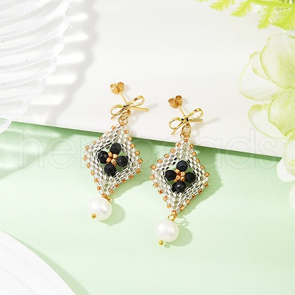 Handmade Glass Seed Beads Bowkont with Rhombus Dangle Stud Earrings EJEW-MZ00468-01-1
