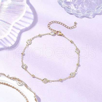304 Stainless Steel & Brass Clear Cubic Zirconia Chain Anklets for Women AJEW-AN00688-1