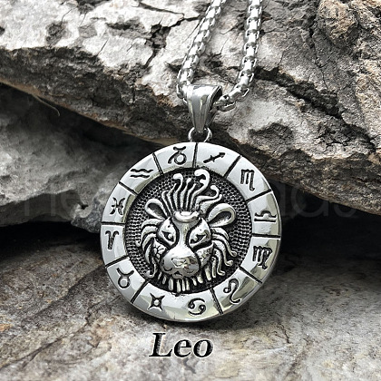 Flat Round with Engraved Twelve Constellation Alloy Pendant Necklace for Women Men WG25F4B-04-1