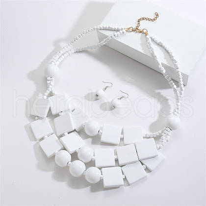 Bohemian Style Wood Square & Round Beaded Multilayer Necklaces & Dangle Earrings Sets FS-WG2F343-07-1
