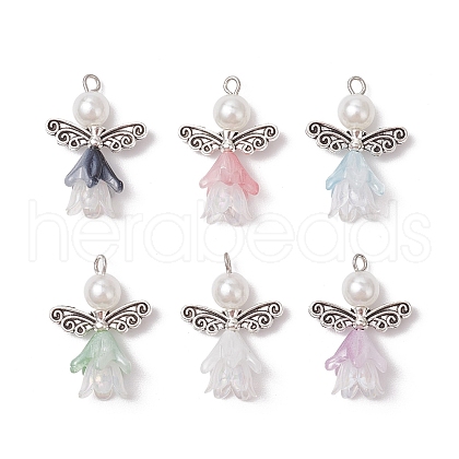 Glass Beads with Acrylic Bead Caps and Alloy Beads and ABS Plastic Imitation Pearl Round Beads and Iron Flat Head Pins Pendants PALLOY-JF03627-1