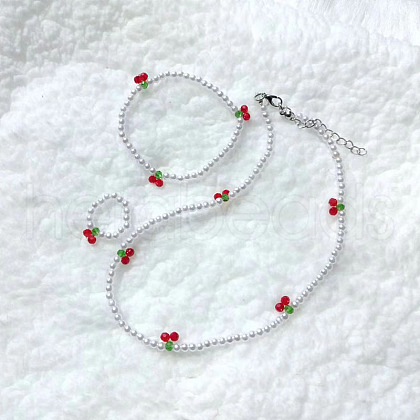 Cherry Glass & Plastic Pearl Beaded Necklaces & Charm Bracelets & Rings Sets FS-WG8A581-01-1