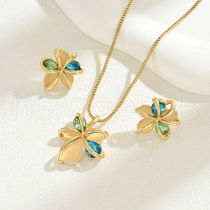 Flower Brass & Cubic Zirconia & Cat Eye Pendant Necklaces & Stud Earrings Sets FS-WG756F6-01-1