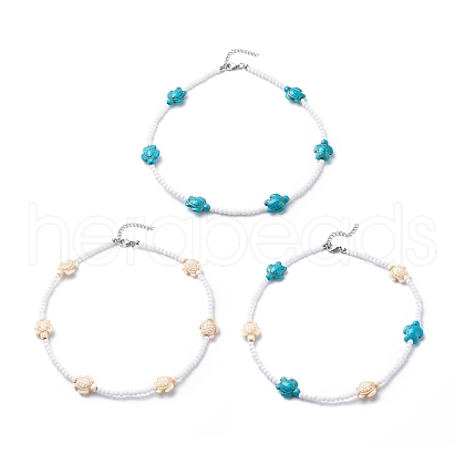 3Pcs 3 Color Dyed Synthetic Turquoise Tortoise & Acrylic Beaded Necklaces Set NJEW-JN04036-1