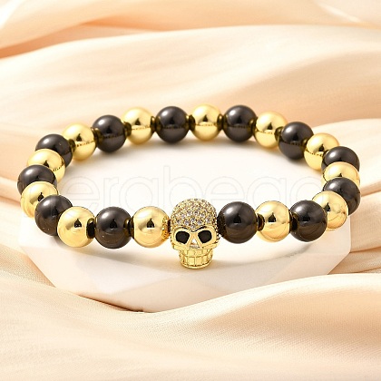 Brass Micro Pave Cubic Zirconia Beads Stretch Bracelets for Women Men BJEW-H201-01C-GB-1