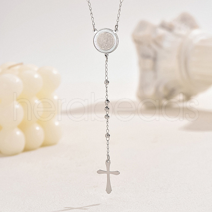 Stainless Steel Vintage Relief Portrait Pendant Tassel Cross Rosary Bead Necklaces for Women UI6948-4-1