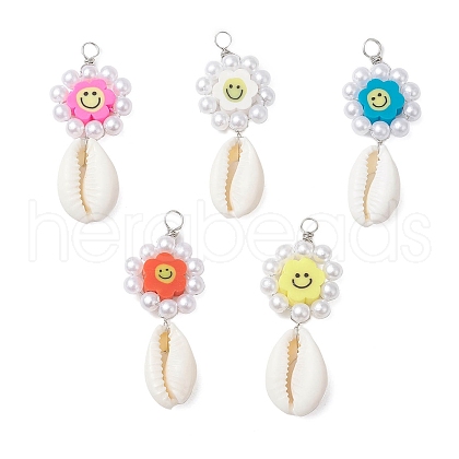 Natural Cowrie Shell & Handmade Polymer Clay Flower Smiling Face Pendants PALLOY-JF03821-1