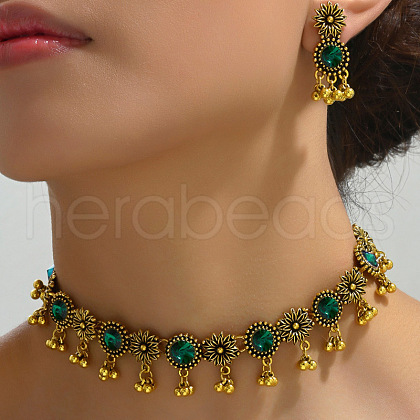 Flat Round & Flower Alloy Rhinestone Pendant Necklace & Stud Dangle Earring Sets FS-WG9BC55-04-1