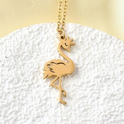 304 Stainless Steel Flamingo Shaped Pendant Cable Chain Necklaces for Women Men NJEW-Q032-02B-G-1