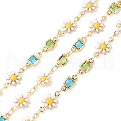 Enamel Flower & Glass Square Link Chains CHC-P009-36G-1