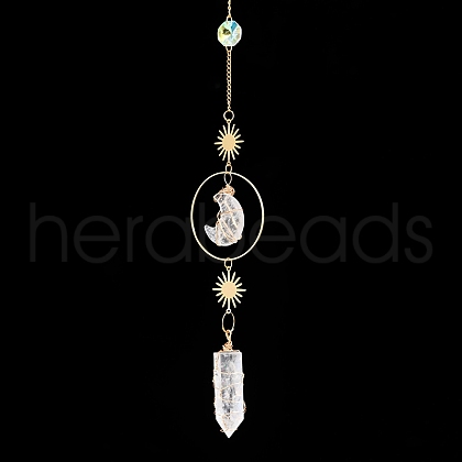 Natural Quartz Crystal Moon & Bullet Window Hanging Suncatchers DJEW-PW0009-035A-1