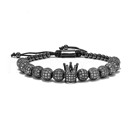 Vintage Brass Micro Pave Cubic Zirconia Crown & Round Braided Bead Adjustable Bracelets EO2719-3-1