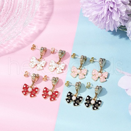 Heart with Bowknot Alloy Enamel Dangle Stud Earrings EJEW-JE06355-1