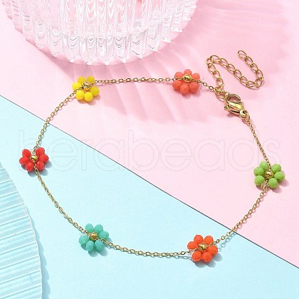 304 Stainless Steel & Synthetic Stone Daisy Flower Chain Anklets for Women AJEW-B031-01G-03-1
