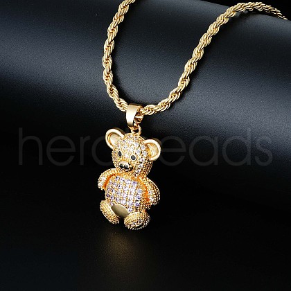 Brass Micro Pave Cubic Zirconia Cute Mini Cartoon Bear Pendant Necklaces for Women OL3242-1-1