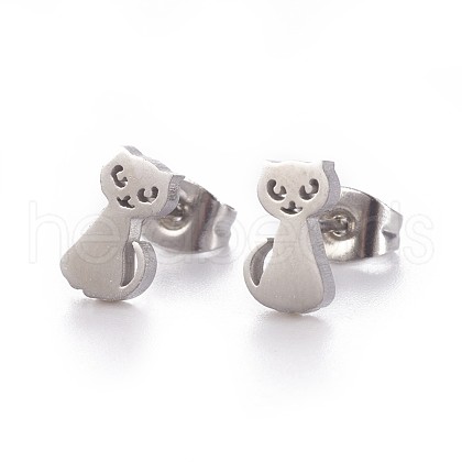 304 Stainless Steel Kitten Stud Earrings X-EJEW-F227-11P-1