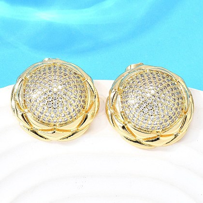 Brass Clear Cubic Zirconia Flat Round Stud Earrings EJEW-C147-06G-1