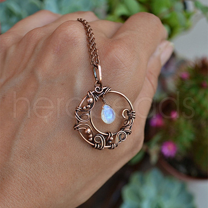 Copper Wire Wrapped Moon with Synthetic Moonstone Drop  Pendant Necklaces FS-WG5A52F-01-1