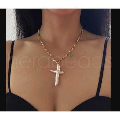 Mother's Day Jewellery Brass & Natural Baroque Pearl Keshi Pearl Pendant Necklaces for Women FS-WG8C333-02-1