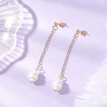 Glass Imitation Pearl Round Tassel Stud Earrings EJEW-JE06453-03-1