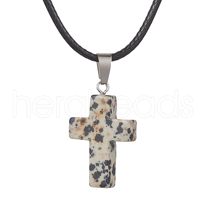 Natural Dalmatian Jasper Cross Pendant Necklaces NJEW-JN04624-04-1