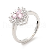 Rack Plating Brass Micro Pave Pink & Crystal Cubic Zirconia Heart Adjustable Rings RJEW-E064-17P-1
