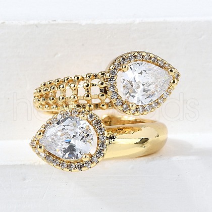 Brass Micro Pave Cubic Zirconia Adjustable Open Cuff Rings RJEW-D313-14G-1