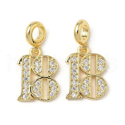 Brass Micro Pave Clear Cubic Zirconia Number 18 European Dangle Charms KK-K293-62G-1