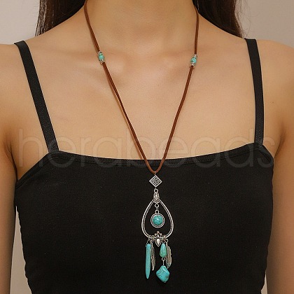 Bohemian Style Alloy Feather & Synthetic Turquoise Heart Long Pendant Necklaces for Women NJEW-G158-01A-1