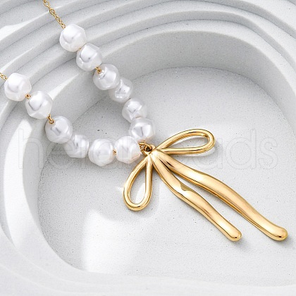 304 Stainless Steel & ABS Imitation Pearl Beaded Bowknot Pendant Necklaces NJEW-R026-27G-1