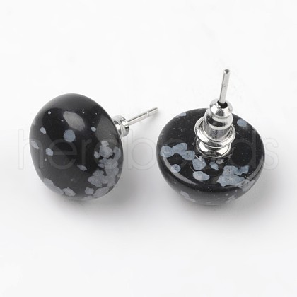 Half Round Dome Natural Snowflake Obsidian Stud Earrings EJEW-L171-03-1