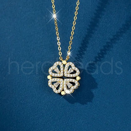 Clover 304 Stainless Steel Rhinestone Pendant Necklaces for Women NJEW-M107-03G-1