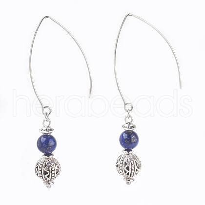 Natural Lapis Lazuli Beads Dangle Earrings EJEW-JE02811-03-1