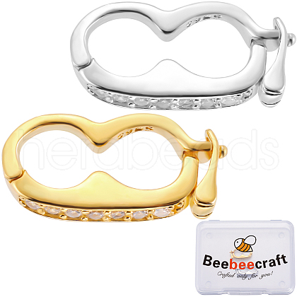 Beebeecraft 2Pcs 2 Colors 925 Sterling Silver Micro Pave Clear Cubic Zirconia Twister Clasp FIND-BBC0003-38-1