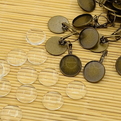 Brass Leverback Hoop Earring Components and Flat Round Transparent Clear Glass Cabochons KK-X0004-NF-1