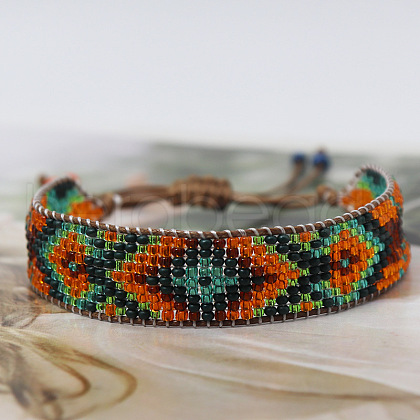 Bohemian Style Rhombus Pattern Glass Seed Beaded Braided Bead Bracelets WG1D303-01-1