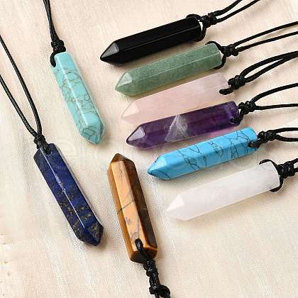 Natural & Synthetic Mixed Gemstone Faceted Bullet Pendant Waxed Cord Necklaces NJEW-Q030-01A-1