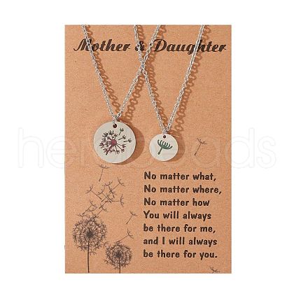 Mother and Daughter 304 Stainless Steel Dandelion Flat Round Pendant Necklaces for Women FS-WGEED69-02-1