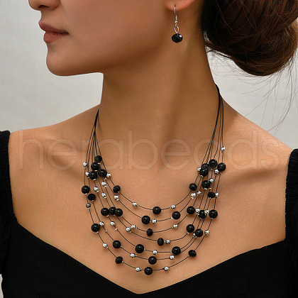 Bohemian Ethnic Style Alloy & Plastic Pearl & Glass Round Beaded Multilayer Necklaces & Dangle Earrings Sets FS-WG56E61-03-1