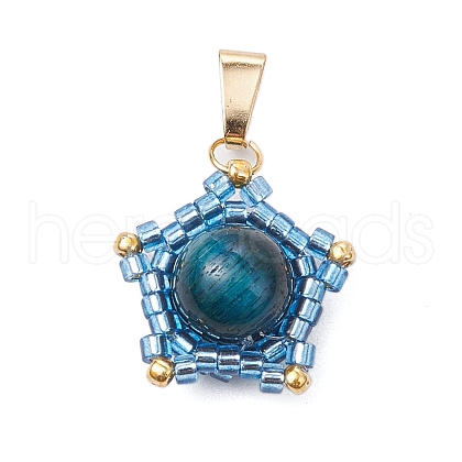 Natural Tiger Eye(Dyed & Heated) & Handmade Glass Seed Beaded Star Pendants PALLOY-MZ00490-01-1