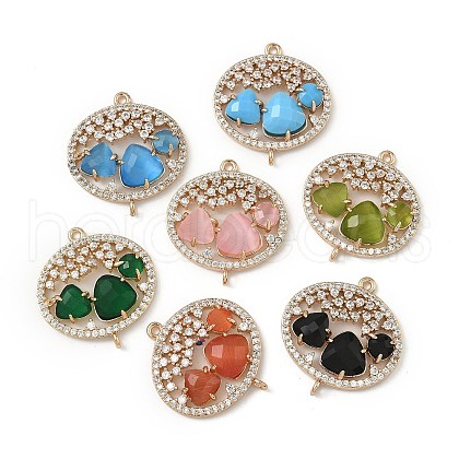 Brass Micro Pave Clear Cubic Zirconia and Glass Oval Connector Charms KK-I276-31G-A-1