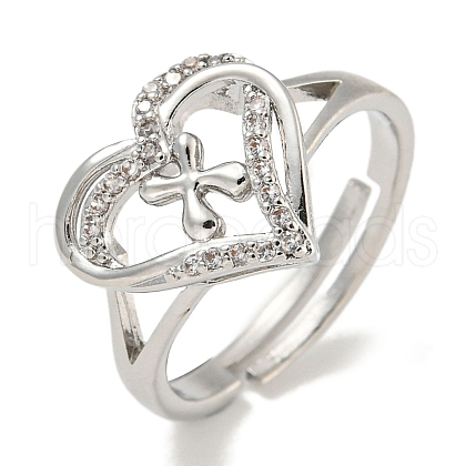 Heart with Letter Rack Plating Brass Micro Pave Clear Cubic Zirconia Adjustable Rings for Women RJEW-I105-01P-X-1