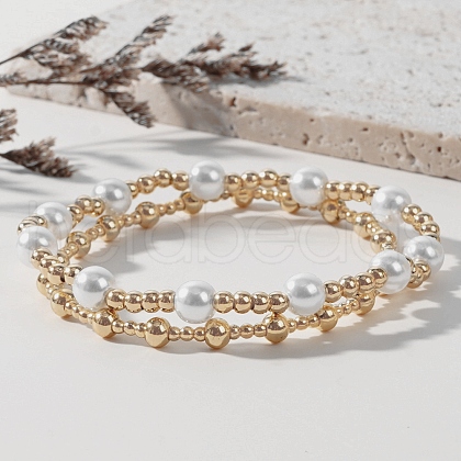 2Pcs 2 Styles Round Brass Beads Stretch Bracelets for Women IB6055-1