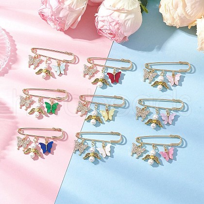 9Pcs Butterfly Alloy & Acrylic & Rhinestone Pendant Brooches JEWB-BR00185-1