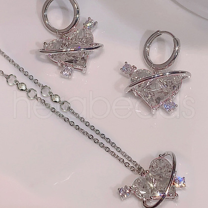 Heart Alloy Glass Pendant Necklace & Hoop Earring FS-WG91246-02-1