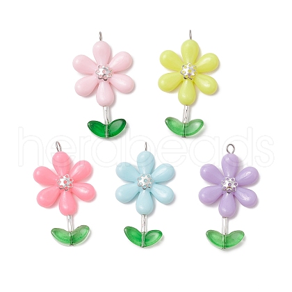 Opaque Acrylic Flower Beads with Iron Bead Caps and 304 Stainless Steel Flat Head Pins and Spray Painted Transparent Glass Beads Pendants PALLOY-JF03617-02-1