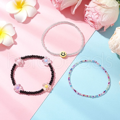 3Pcs 3 Styles Glass Acrylic Beaded Strech Bracelet & Glass Seed Beads Stretch Bracelet Set for Women BJEW-JB11749-1
