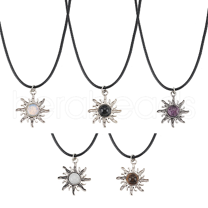 ANATTASOUL 5Pcs 5 Colors Alloy Sun with Resin Pendant Necklaces Set with Wax Cords NJEW-AN0001-74-1