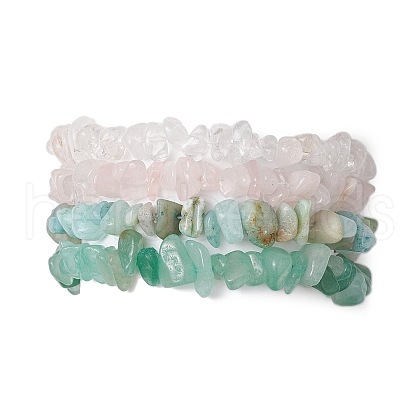 4Pcs Natural Flower Amazonite & Green Aventurine & Red Aventurine & Rose Quartz Chip Beaded Stretch Bracelet Sets BJEW-JB10775-01-1
