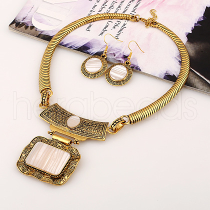 Alloy Rectangle Pendant Necklace & Flat Round Dangle Earring Sets FS-WG0E2DC-02-1